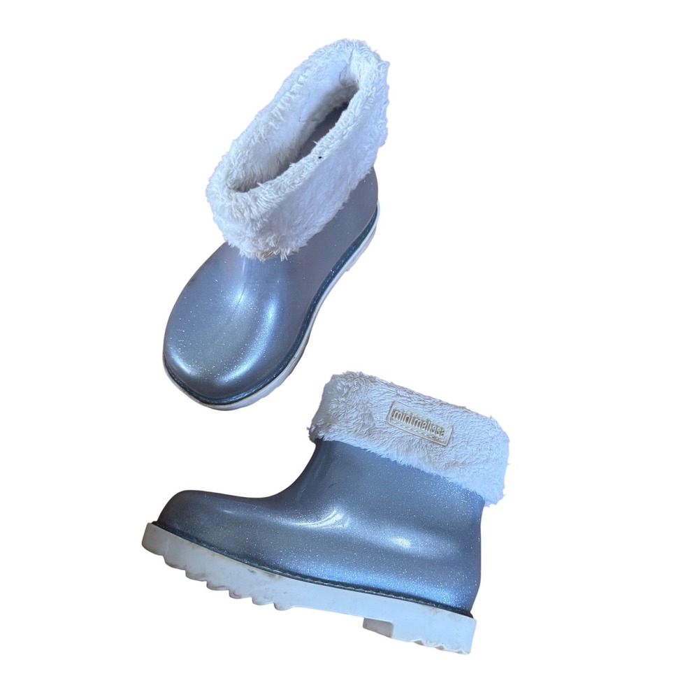 Mini Melissa Girls Glitter Jelly Boots Blue Silver Faux Fur Trim Size 9 USA